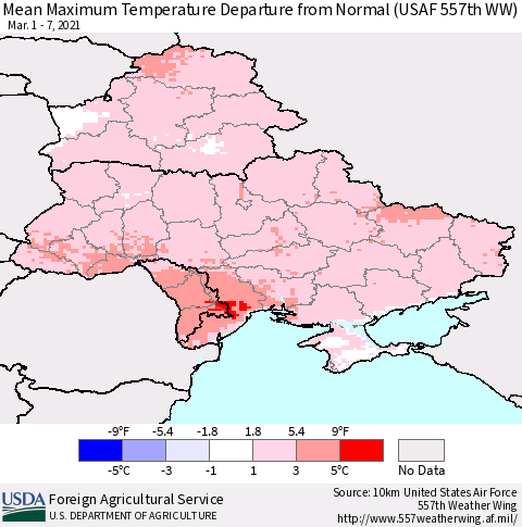 Ukraine, Moldova and Belarus Mean Maximum Temperature Departure from Normal (USAF 557th WW) Thematic Map For 3/1/2021 - 3/7/2021