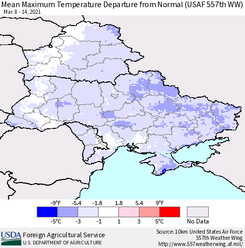 Ukraine, Moldova and Belarus Mean Maximum Temperature Departure from Normal (USAF 557th WW) Thematic Map For 3/8/2021 - 3/14/2021
