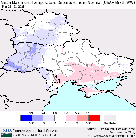 Ukraine, Moldova and Belarus Mean Maximum Temperature Departure from Normal (USAF 557th WW) Thematic Map For 3/15/2021 - 3/21/2021