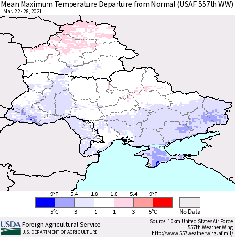 Ukraine, Moldova and Belarus Maximum Temperature Departure From Normal (USAF 557th WW) Thematic Map For 3/22/2021 - 3/28/2021