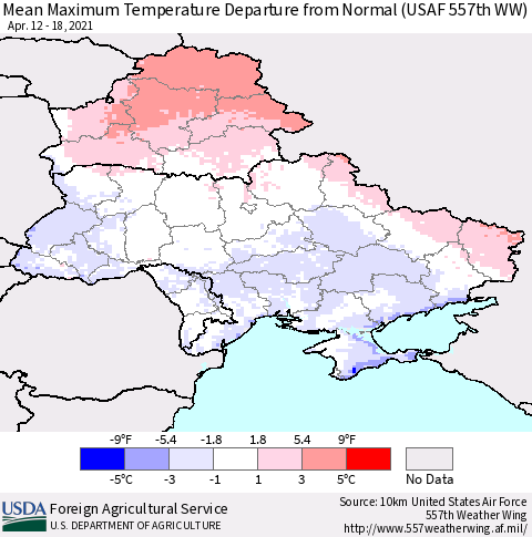 Ukraine, Moldova and Belarus Maximum Temperature Departure From Normal (USAF 557th WW) Thematic Map For 4/12/2021 - 4/18/2021