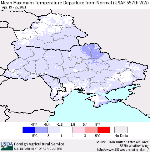 Ukraine, Moldova and Belarus Maximum Temperature Departure From Normal (USAF 557th WW) Thematic Map For 4/19/2021 - 4/25/2021