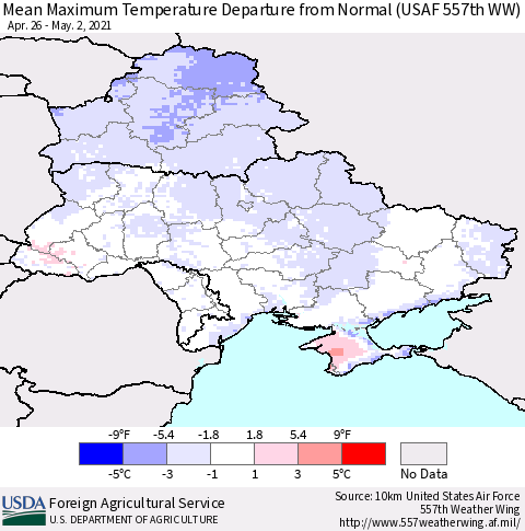Ukraine, Moldova and Belarus Maximum Temperature Departure From Normal (USAF 557th WW) Thematic Map For 4/26/2021 - 5/2/2021