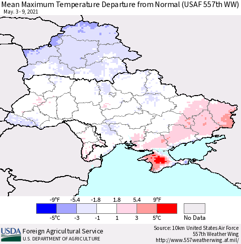 Ukraine, Moldova and Belarus Mean Maximum Temperature Departure from Normal (USAF 557th WW) Thematic Map For 5/3/2021 - 5/9/2021