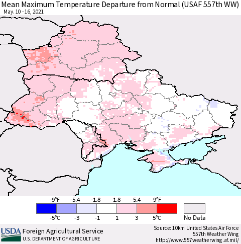 Ukraine, Moldova and Belarus Mean Maximum Temperature Departure from Normal (USAF 557th WW) Thematic Map For 5/10/2021 - 5/16/2021