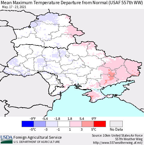 Ukraine, Moldova and Belarus Mean Maximum Temperature Departure from Normal (USAF 557th WW) Thematic Map For 5/17/2021 - 5/23/2021