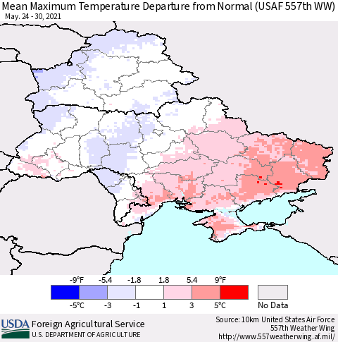 Ukraine, Moldova and Belarus Maximum Temperature Departure From Normal (USAF 557th WW) Thematic Map For 5/24/2021 - 5/30/2021