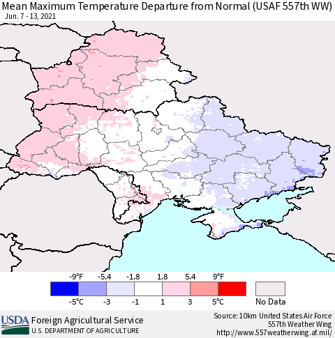 Ukraine, Moldova and Belarus Mean Maximum Temperature Departure from Normal (USAF 557th WW) Thematic Map For 6/7/2021 - 6/13/2021