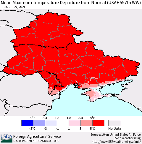 Ukraine, Moldova and Belarus Maximum Temperature Departure From Normal (USAF 557th WW) Thematic Map For 6/21/2021 - 6/27/2021