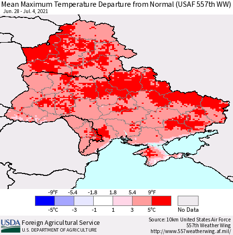 Ukraine, Moldova and Belarus Mean Maximum Temperature Departure from Normal (USAF 557th WW) Thematic Map For 6/28/2021 - 7/4/2021