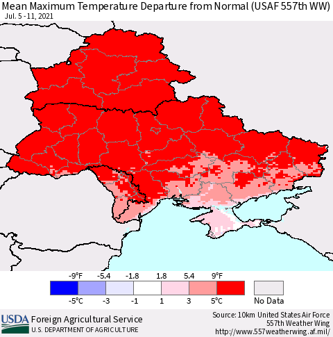 Ukraine, Moldova and Belarus Mean Maximum Temperature Departure from Normal (USAF 557th WW) Thematic Map For 7/5/2021 - 7/11/2021
