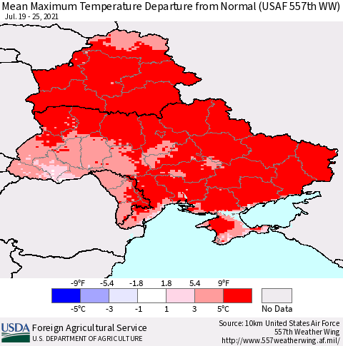 Ukraine, Moldova and Belarus Mean Maximum Temperature Departure from Normal (USAF 557th WW) Thematic Map For 7/19/2021 - 7/25/2021