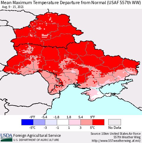 Ukraine, Moldova and Belarus Mean Maximum Temperature Departure from Normal (USAF 557th WW) Thematic Map For 8/9/2021 - 8/15/2021