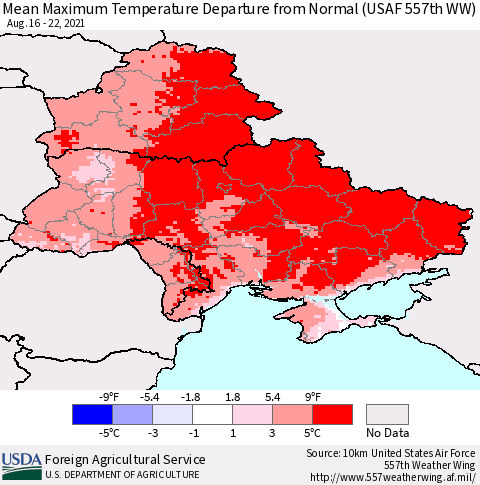 Ukraine, Moldova and Belarus Mean Maximum Temperature Departure from Normal (USAF 557th WW) Thematic Map For 8/16/2021 - 8/22/2021
