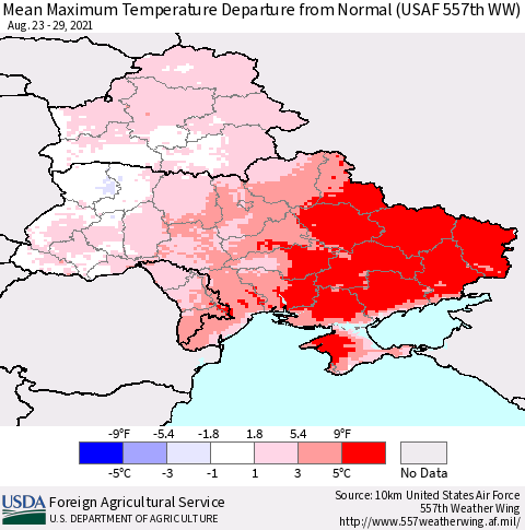 Ukraine, Moldova and Belarus Mean Maximum Temperature Departure from Normal (USAF 557th WW) Thematic Map For 8/23/2021 - 8/29/2021