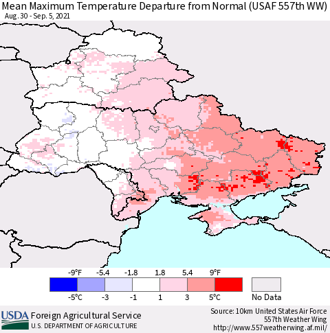 Ukraine, Moldova and Belarus Mean Maximum Temperature Departure from Normal (USAF 557th WW) Thematic Map For 8/30/2021 - 9/5/2021