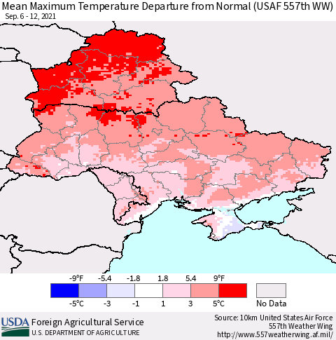 Ukraine, Moldova and Belarus Mean Maximum Temperature Departure from Normal (USAF 557th WW) Thematic Map For 9/6/2021 - 9/12/2021