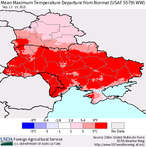 Ukraine, Moldova and Belarus Maximum Temperature Departure From Normal (USAF 557th WW) Thematic Map For 9/13/2021 - 9/19/2021