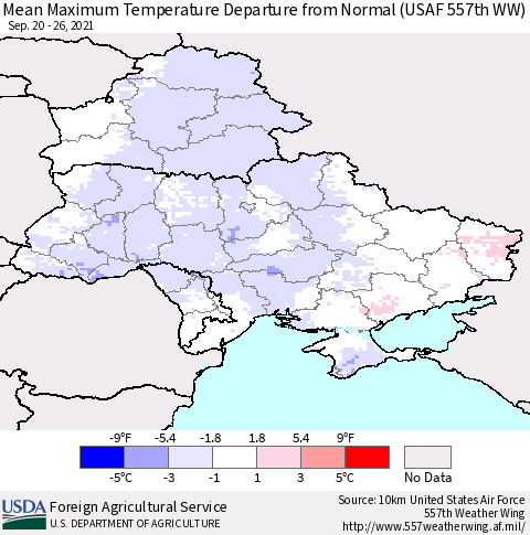 Ukraine, Moldova and Belarus Maximum Temperature Departure From Normal (USAF 557th WW) Thematic Map For 9/20/2021 - 9/26/2021