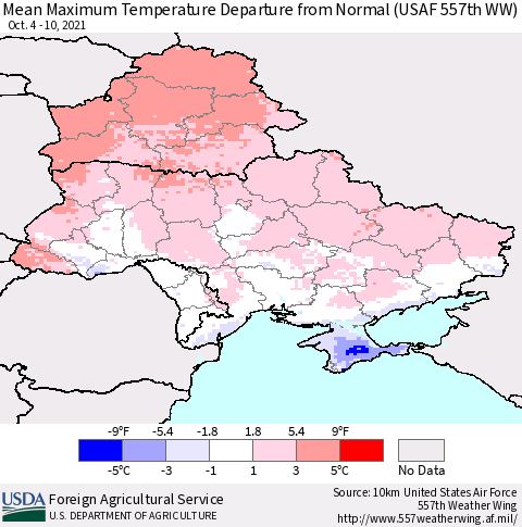 Ukraine, Moldova and Belarus Maximum Temperature Departure From Normal (USAF 557th WW) Thematic Map For 10/4/2021 - 10/10/2021