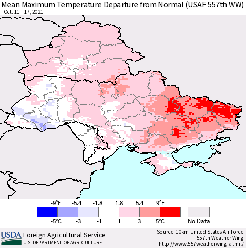 Ukraine, Moldova and Belarus Mean Maximum Temperature Departure from Normal (USAF 557th WW) Thematic Map For 10/11/2021 - 10/17/2021