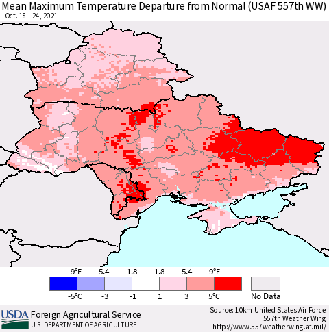 Ukraine, Moldova and Belarus Maximum Temperature Departure From Normal (USAF 557th WW) Thematic Map For 10/18/2021 - 10/24/2021