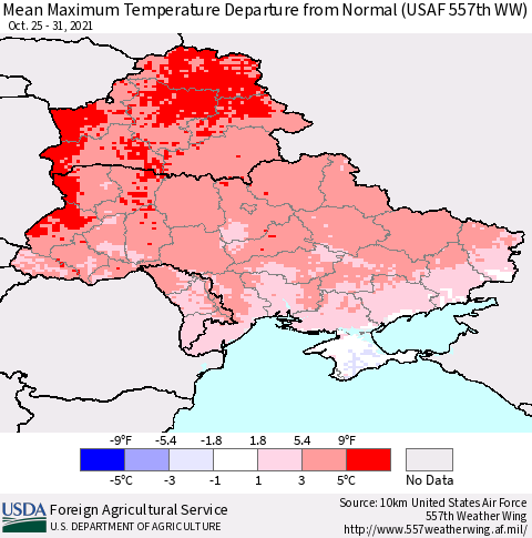 Ukraine, Moldova and Belarus Mean Maximum Temperature Departure from Normal (USAF 557th WW) Thematic Map For 10/25/2021 - 10/31/2021