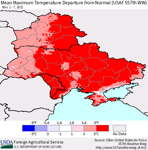 Ukraine, Moldova and Belarus Maximum Temperature Departure From Normal (USAF 557th WW) Thematic Map For 11/1/2021 - 11/7/2021