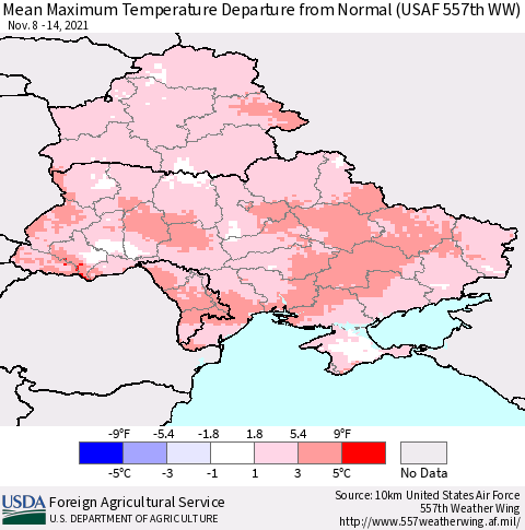 Ukraine, Moldova and Belarus Maximum Temperature Departure From Normal (USAF 557th WW) Thematic Map For 11/8/2021 - 11/14/2021