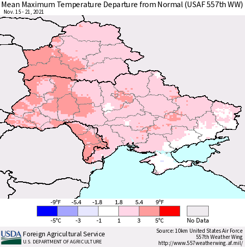 Ukraine, Moldova and Belarus Mean Maximum Temperature Departure from Normal (USAF 557th WW) Thematic Map For 11/15/2021 - 11/21/2021