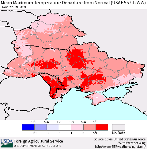 Ukraine, Moldova and Belarus Mean Maximum Temperature Departure from Normal (USAF 557th WW) Thematic Map For 11/22/2021 - 11/28/2021