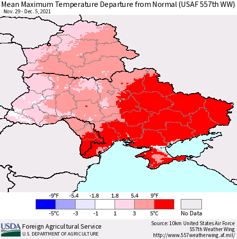 Ukraine, Moldova and Belarus Mean Maximum Temperature Departure from Normal (USAF 557th WW) Thematic Map For 11/29/2021 - 12/5/2021
