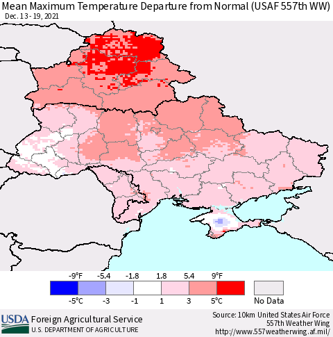 Ukraine, Moldova and Belarus Maximum Temperature Departure From Normal (USAF 557th WW) Thematic Map For 12/13/2021 - 12/19/2021