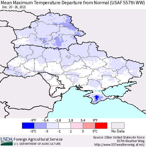 Ukraine, Moldova and Belarus Maximum Temperature Departure From Normal (USAF 557th WW) Thematic Map For 12/20/2021 - 12/26/2021