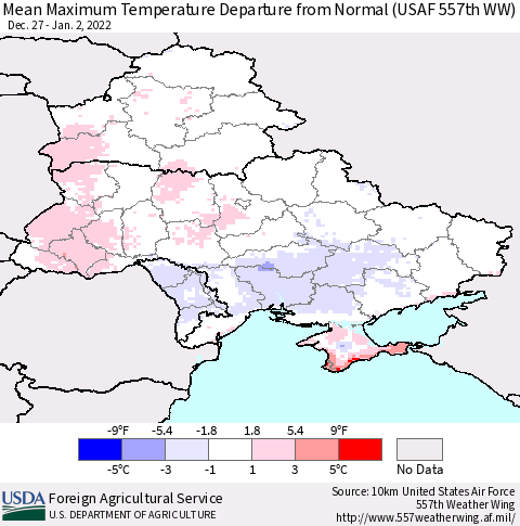 Ukraine, Moldova and Belarus Mean Maximum Temperature Departure from Normal (USAF 557th WW) Thematic Map For 12/27/2021 - 1/2/2022