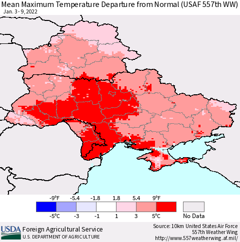 Ukraine, Moldova and Belarus Mean Maximum Temperature Departure from Normal (USAF 557th WW) Thematic Map For 1/3/2022 - 1/9/2022