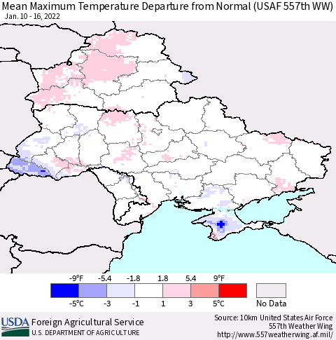 Ukraine, Moldova and Belarus Mean Maximum Temperature Departure from Normal (USAF 557th WW) Thematic Map For 1/10/2022 - 1/16/2022