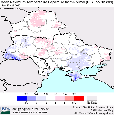 Ukraine, Moldova and Belarus Mean Maximum Temperature Departure from Normal (USAF 557th WW) Thematic Map For 1/17/2022 - 1/23/2022