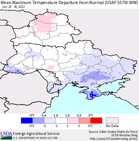 Ukraine, Moldova and Belarus Mean Maximum Temperature Departure from Normal (USAF 557th WW) Thematic Map For 1/24/2022 - 1/30/2022