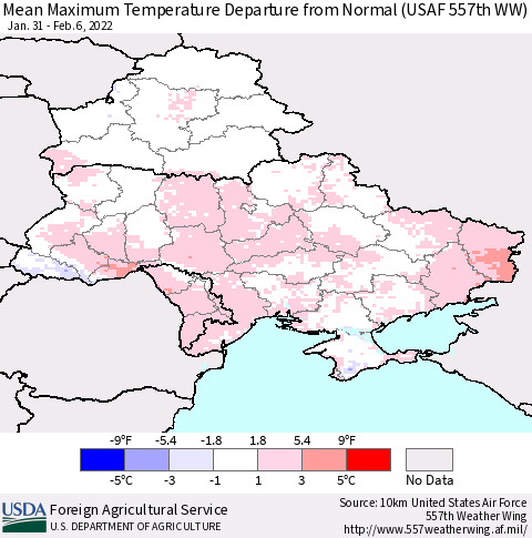 Ukraine, Moldova and Belarus Mean Maximum Temperature Departure from Normal (USAF 557th WW) Thematic Map For 1/31/2022 - 2/6/2022
