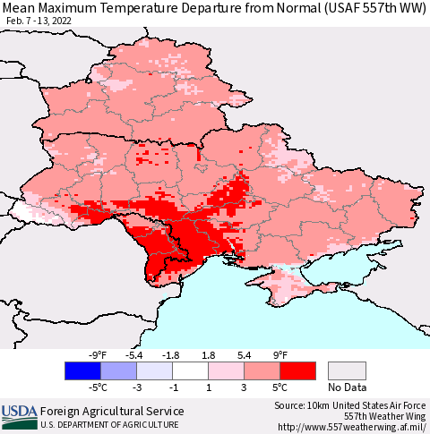 Ukraine, Moldova and Belarus Mean Maximum Temperature Departure from Normal (USAF 557th WW) Thematic Map For 2/7/2022 - 2/13/2022