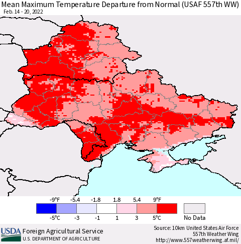 Ukraine, Moldova and Belarus Mean Maximum Temperature Departure from Normal (USAF 557th WW) Thematic Map For 2/14/2022 - 2/20/2022