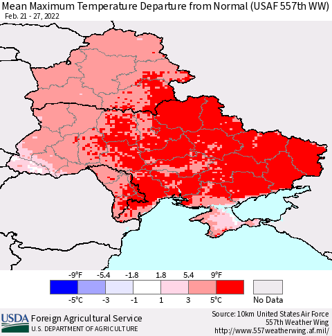 Ukraine, Moldova and Belarus Mean Maximum Temperature Departure from Normal (USAF 557th WW) Thematic Map For 2/21/2022 - 2/27/2022