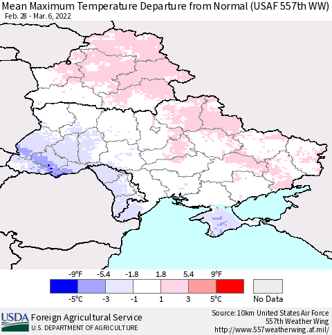 Ukraine, Moldova and Belarus Mean Maximum Temperature Departure from Normal (USAF 557th WW) Thematic Map For 2/28/2022 - 3/6/2022