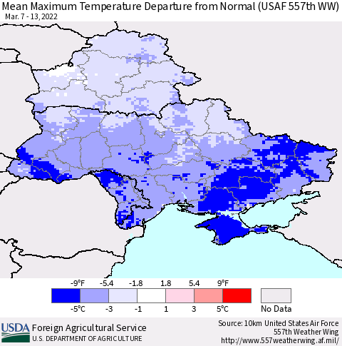Ukraine, Moldova and Belarus Mean Maximum Temperature Departure from Normal (USAF 557th WW) Thematic Map For 3/7/2022 - 3/13/2022