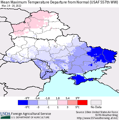 Ukraine, Moldova and Belarus Mean Maximum Temperature Departure from Normal (USAF 557th WW) Thematic Map For 3/14/2022 - 3/20/2022