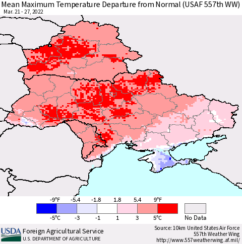 Ukraine, Moldova and Belarus Mean Maximum Temperature Departure from Normal (USAF 557th WW) Thematic Map For 3/21/2022 - 3/27/2022