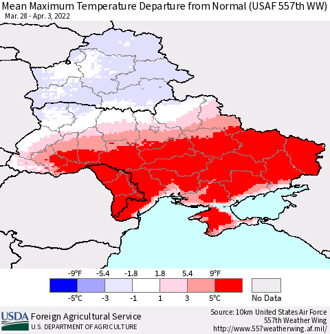 Ukraine, Moldova and Belarus Mean Maximum Temperature Departure from Normal (USAF 557th WW) Thematic Map For 3/28/2022 - 4/3/2022