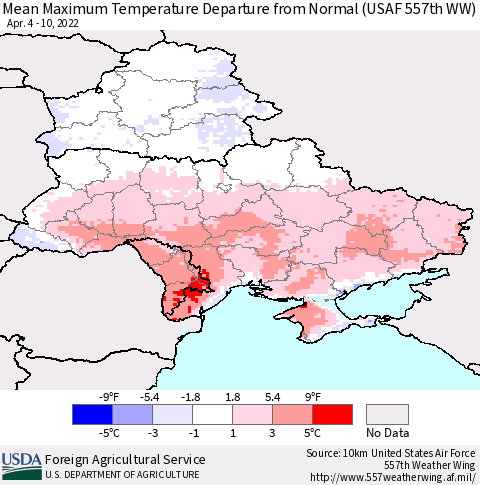 Ukraine, Moldova and Belarus Mean Maximum Temperature Departure from Normal (USAF 557th WW) Thematic Map For 4/4/2022 - 4/10/2022