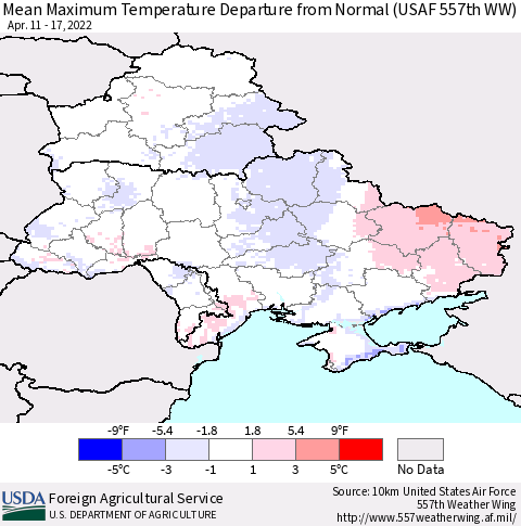 Ukraine, Moldova and Belarus Mean Maximum Temperature Departure from Normal (USAF 557th WW) Thematic Map For 4/11/2022 - 4/17/2022